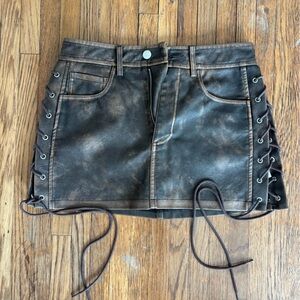 Pretty little thing washed brown faux leather lace up mini skirt